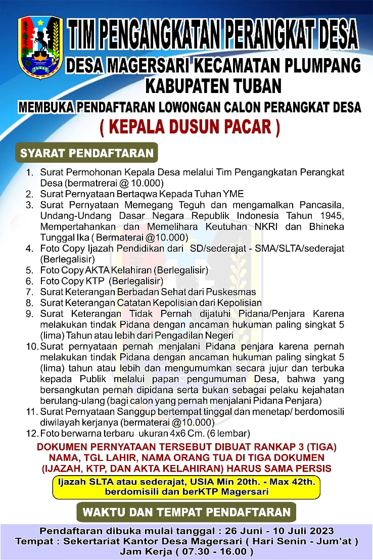 Dibuka lowongan pendafataran Perangkat desa Magersari 